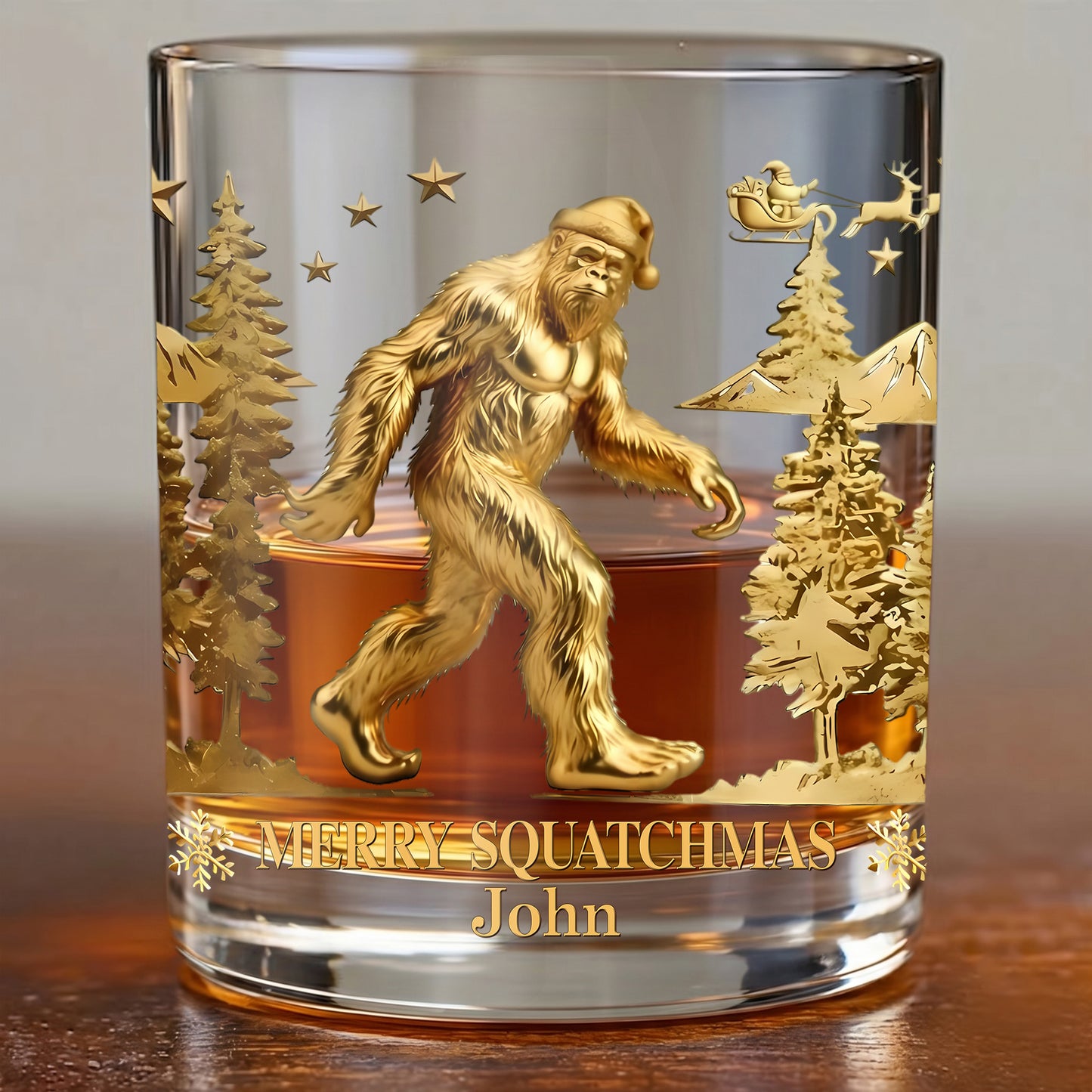 Personalized Christmas Bigfoot Whiskey Glass - Custom Squatchmas Gift