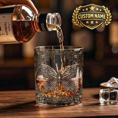 Personalized Butterfly Whiskey Glass - Custom Elegant Barware Gift