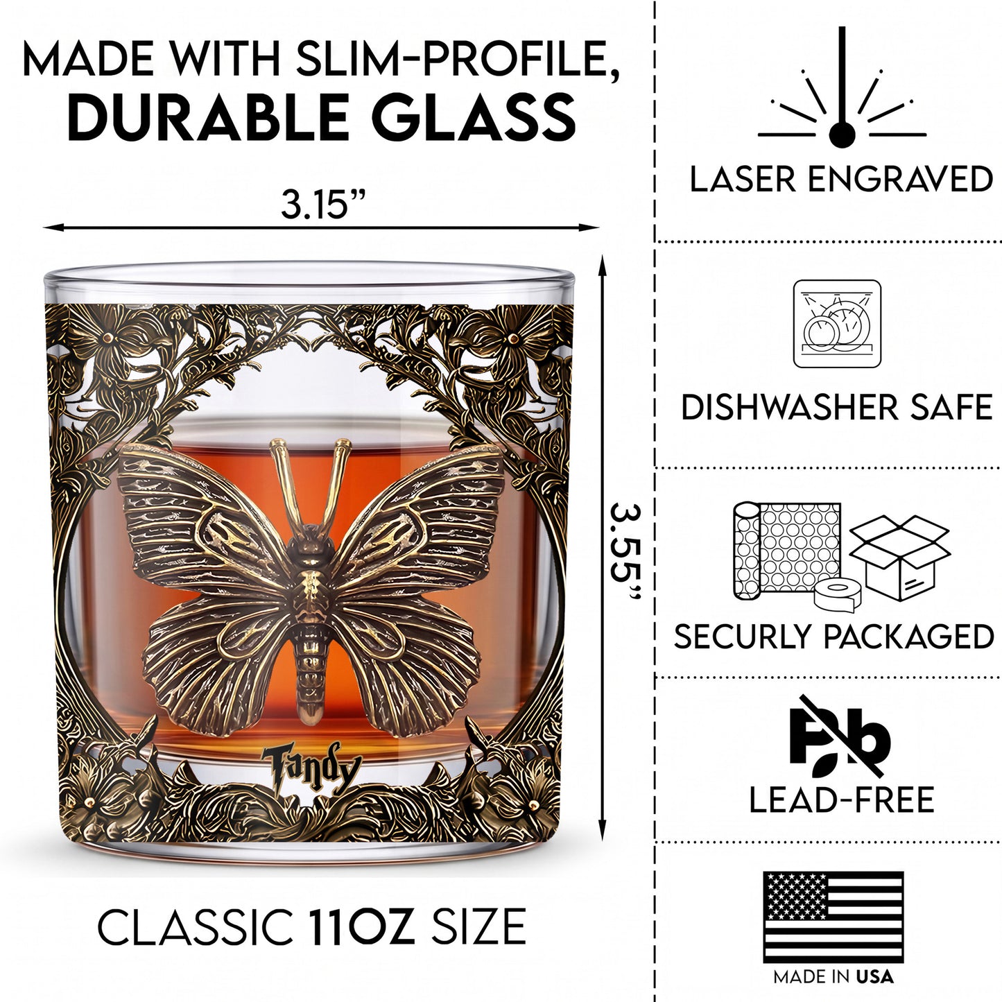 Personalized Butterfly Whiskey Glass - Custom Elegant Barware Gift